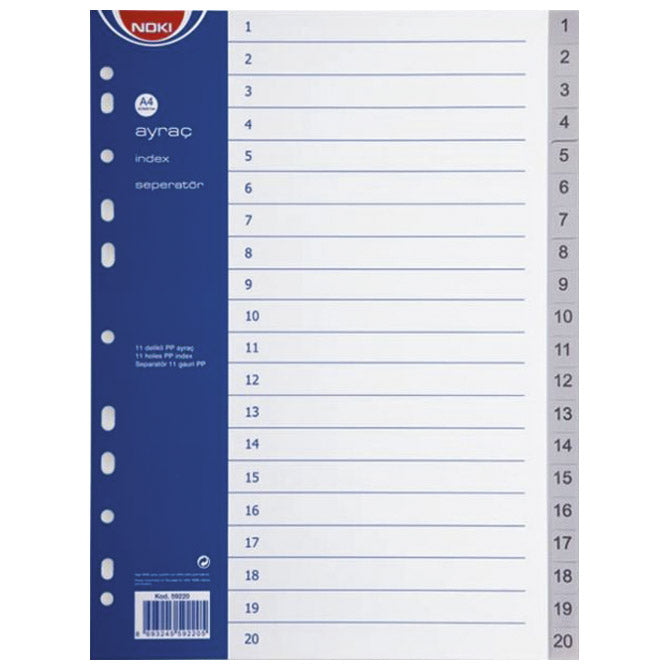 Pregrada plastična a4 brojevi 1-20 noki 59220 siva