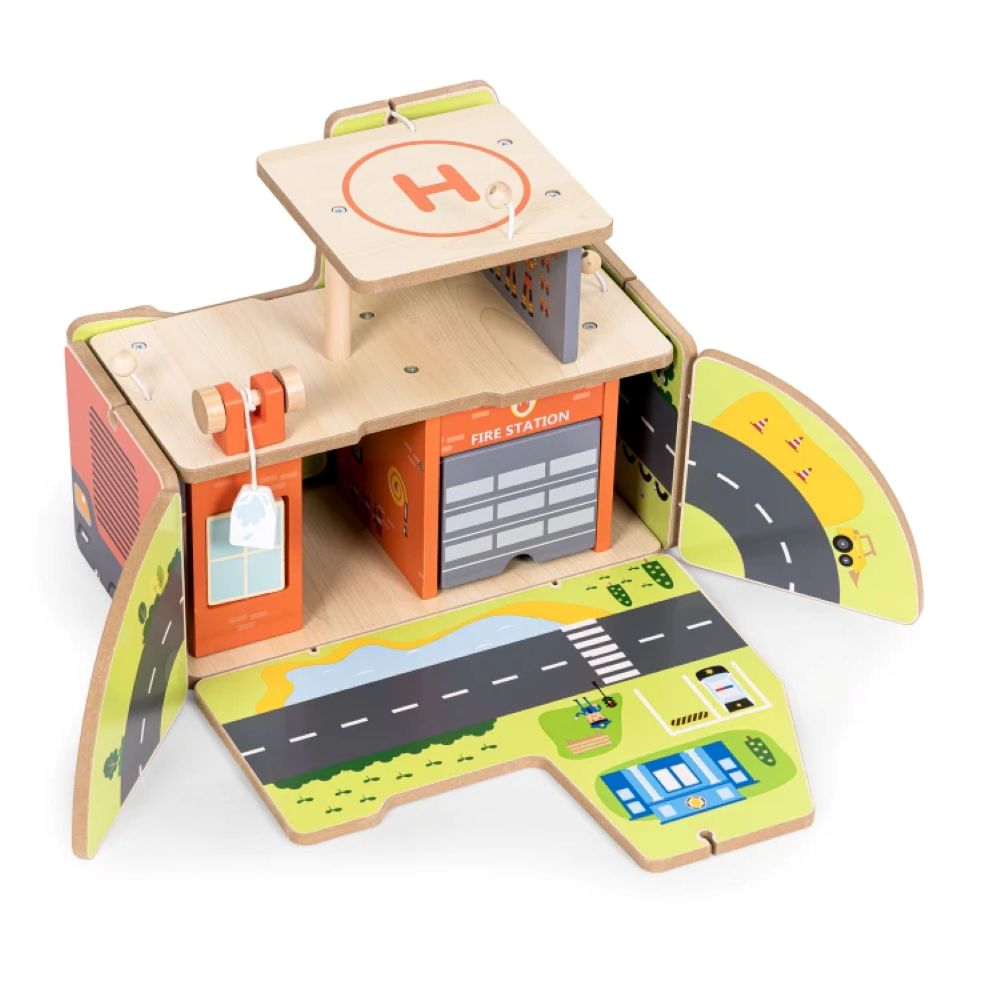 Ecotoys drveni set za vatrogasnu postaju, garaža s dodacima