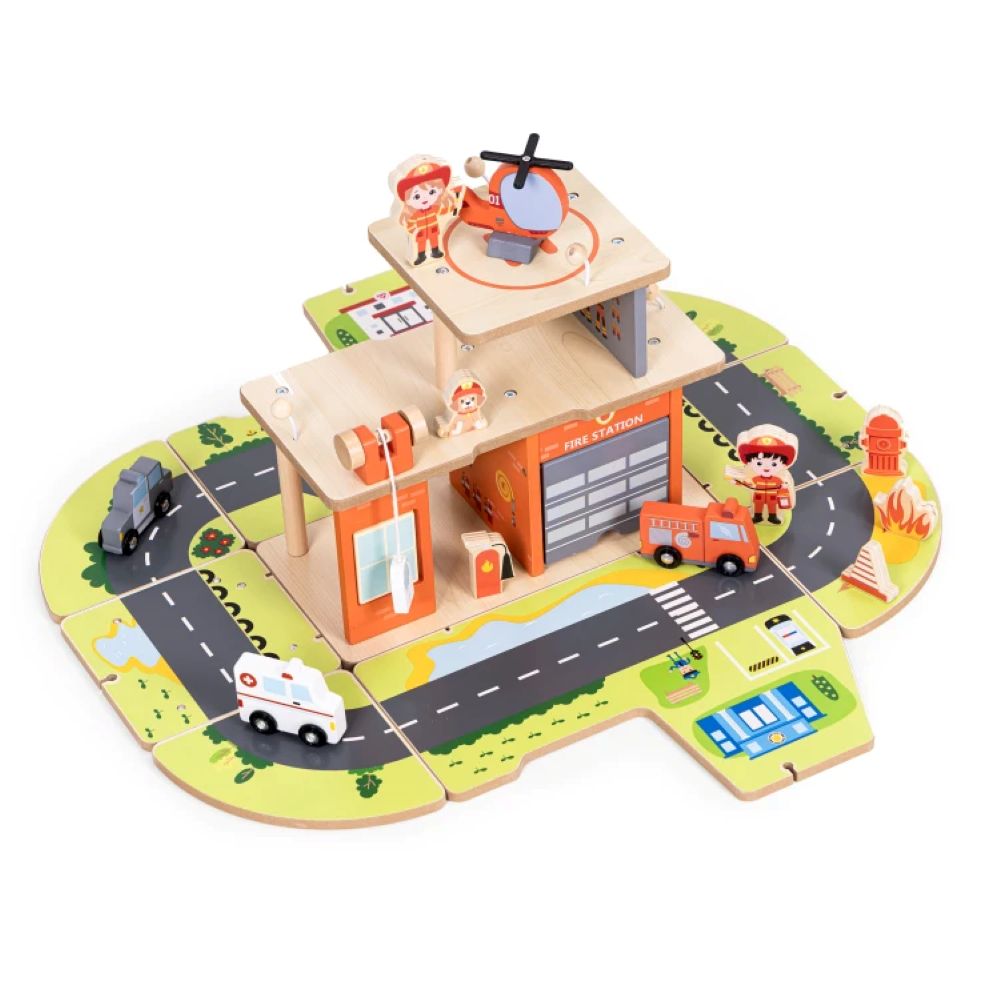 Ecotoys drveni set za vatrogasnu postaju, garaža s dodacima