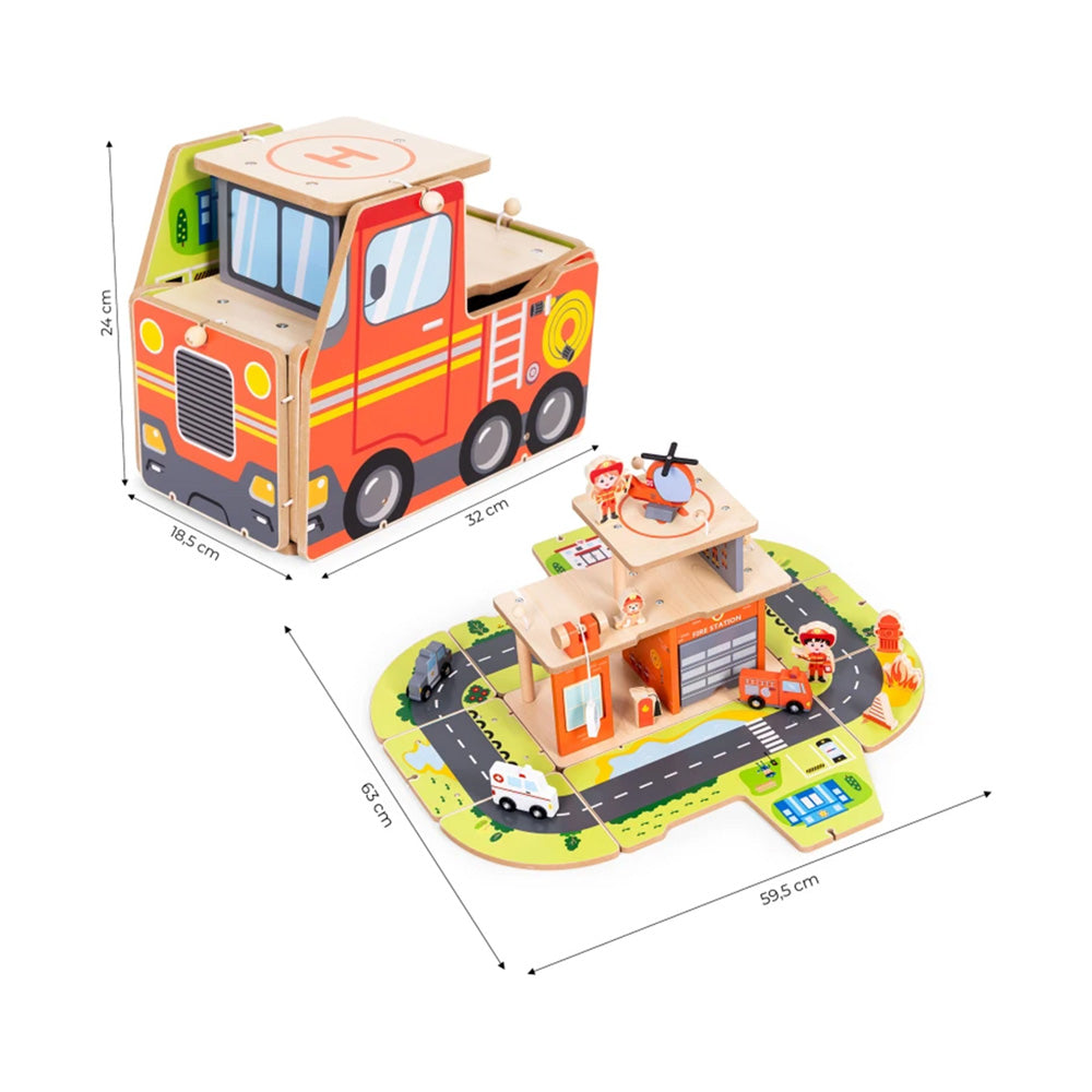 Ecotoys drveni set za vatrogasnu postaju, garaža s dodacima