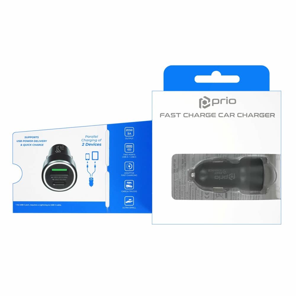 Prio Fast Charge Car Charger 20W PD (USB C) + QC 3.0 (USB A) black