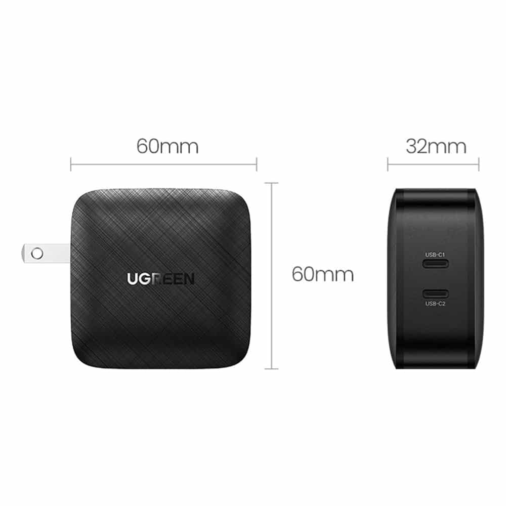 Ugreen - Zidni punjač (70867) - 2x USB-C, PD, GaN 66W, 3.3A - crni