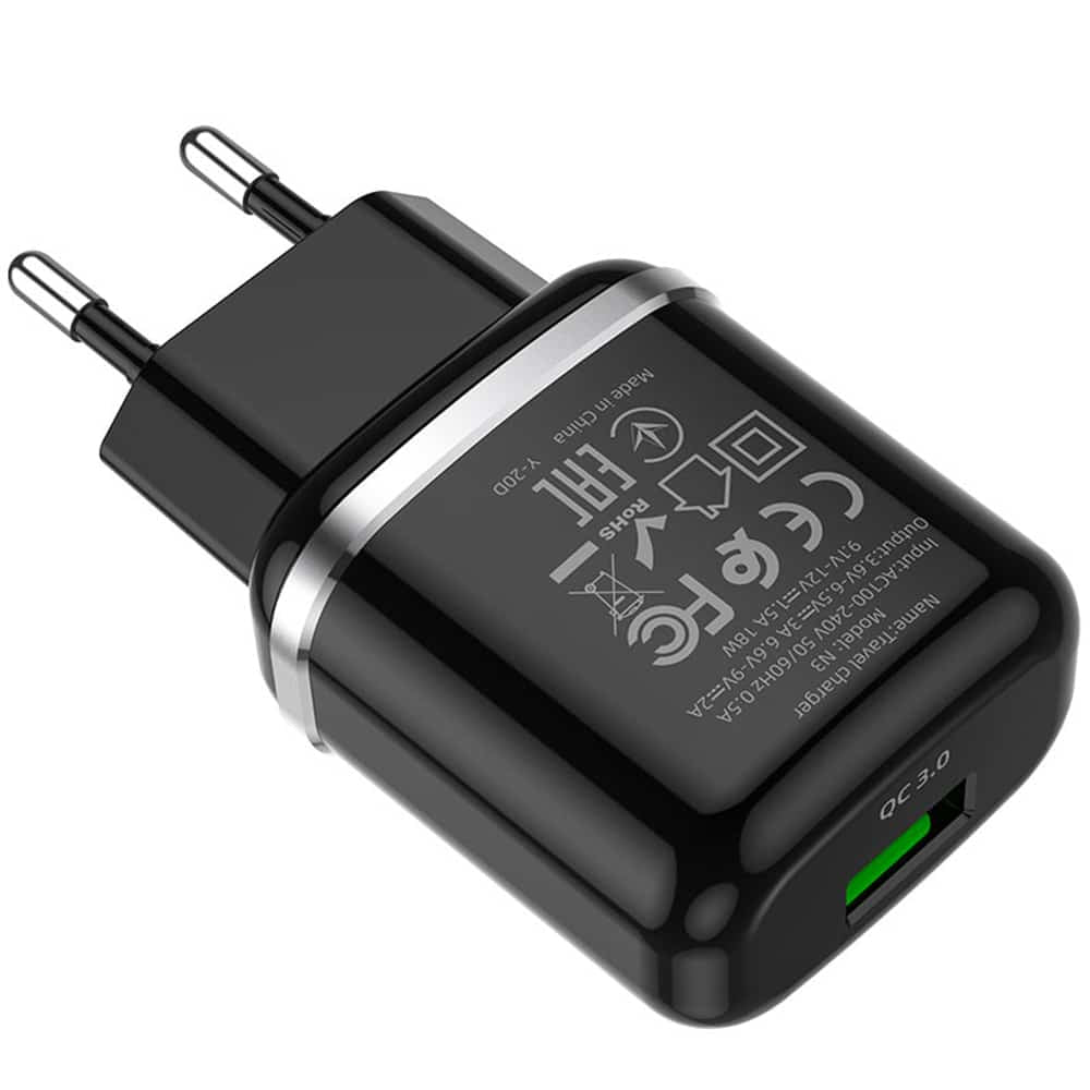 Hoco - Zidni punjač Special (N3) - USB-A 18W 3A s kabelom USB-A na USB Type-C 1m - crni