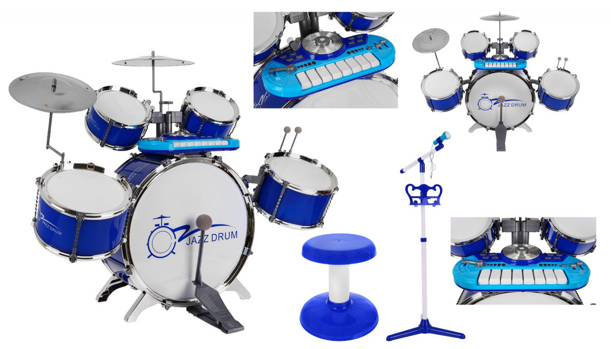 Glazbeni set bubnjevi, klavir i mikrofon