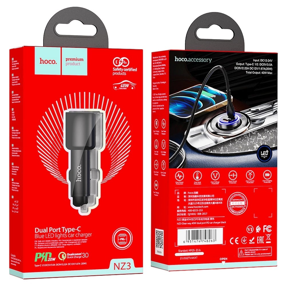 HOCO Auto punjač (NZ3 Clear Way) - 2xUSB Type-C QC 3.0 PD 40W 3A - crni