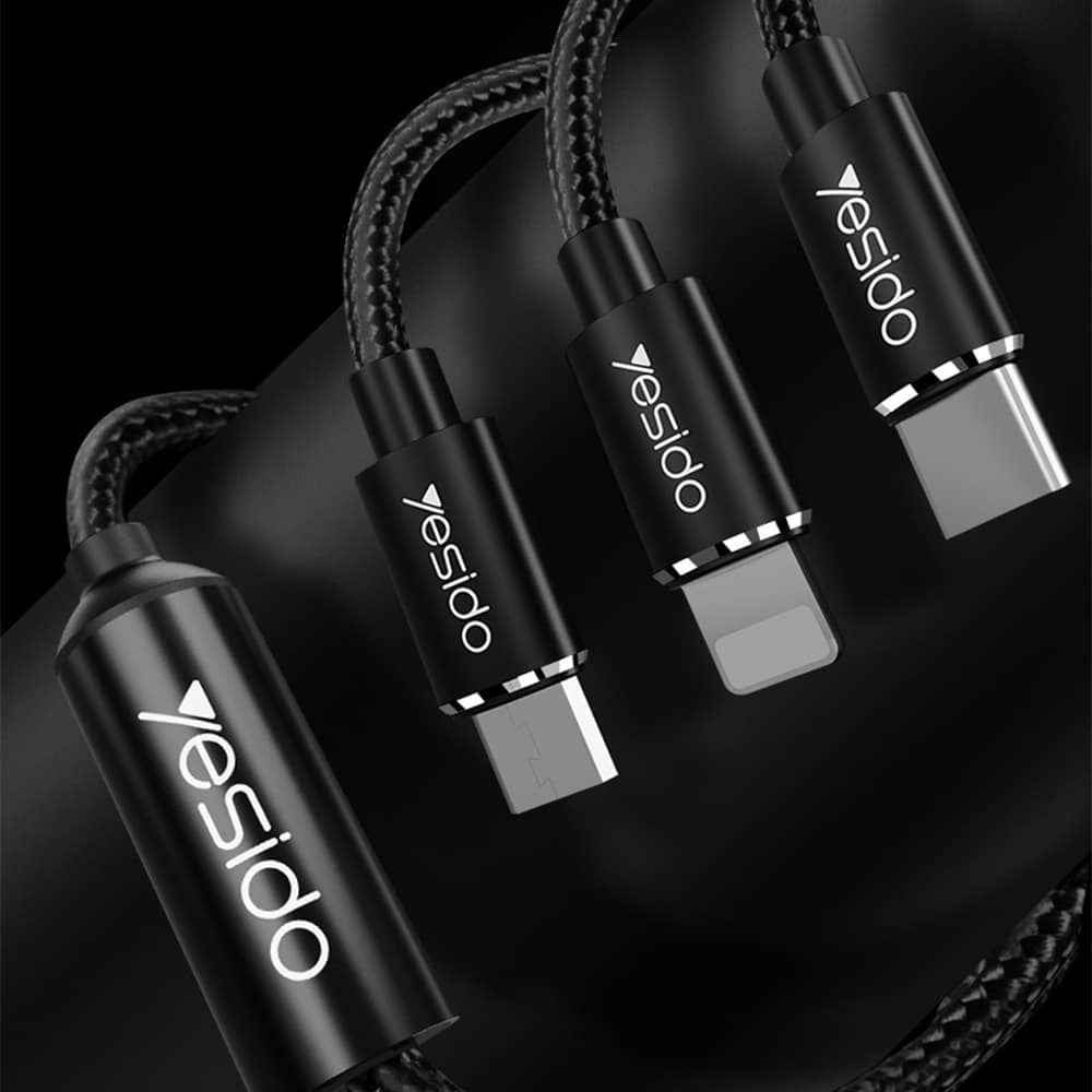 Yesido - Podatkovni kabel (CA-60) - 3u1 USB na Type-C-Lightning - Micro USB 60W 3A 1.2m - crni