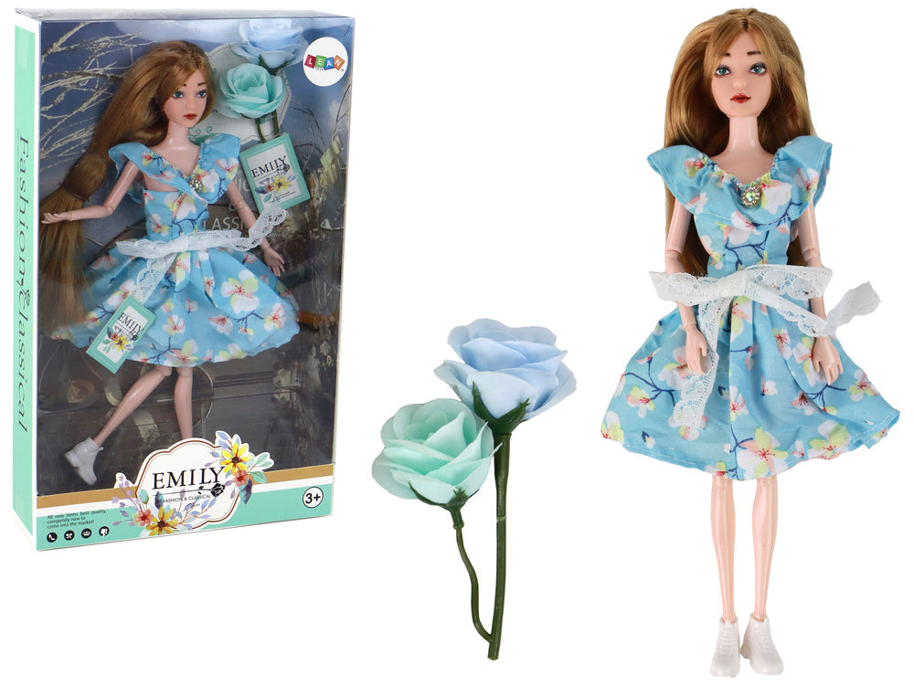 Dječja lutka Emily Spring s dugom kosom, plavom cvjetnom haljinom - 30 cm