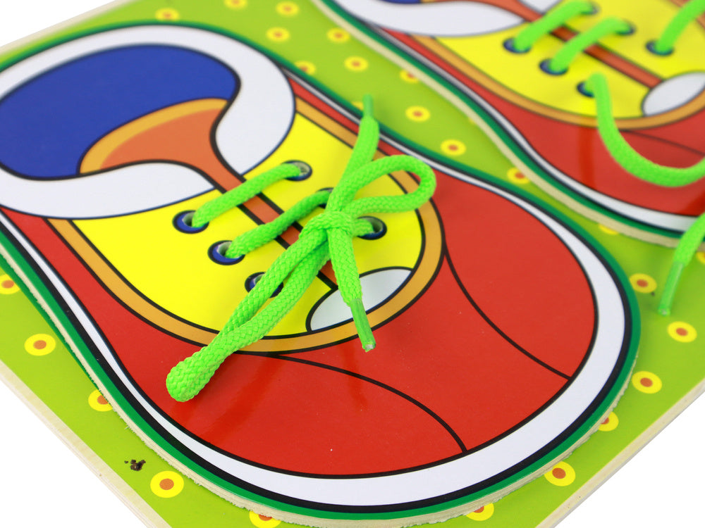 Wooden educational toy for learning how to tie shoelaces