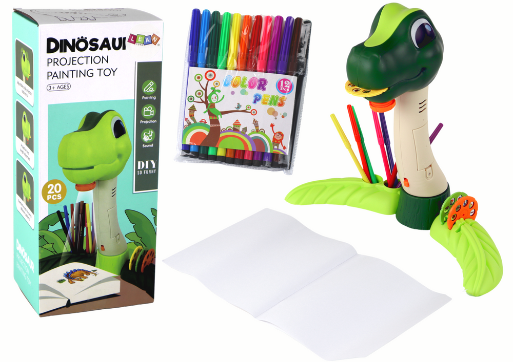 Projektor za igru sa pomičnom glavom dinosaura i 12 flomastera - zeleni