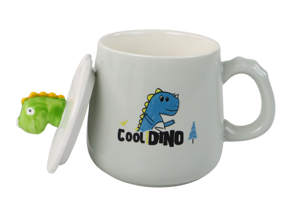 Keramička šalica s dinosaurus plavom bojom, poklopcem i žlicom, 350 ml