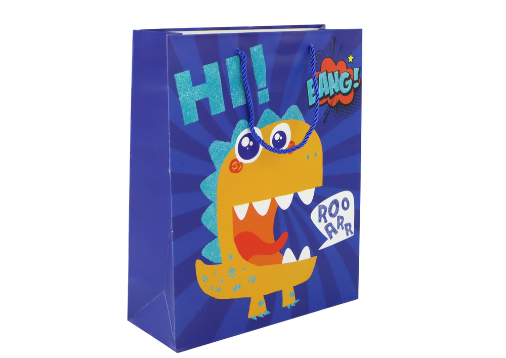 Plava papirnata poklon vrećica s dinosaurima 41,5 cm x 30 cm x 12 cm