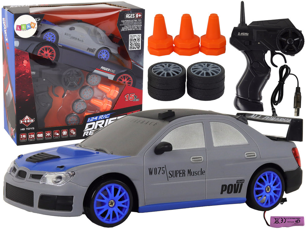 Sportski automobil na daljinsko upravljanje R/C 1:24 sa zamjenjivim kotačima - sivo/plavi