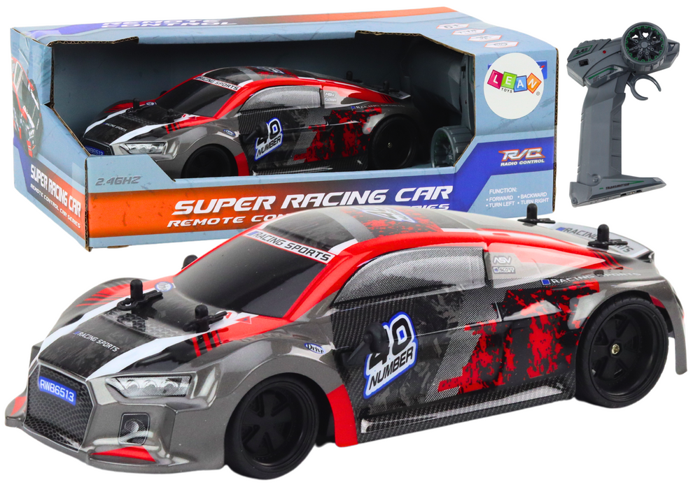 Automobil na daljinsko upravljanje s gumenim kotačima u mjerilu 1:18 DRIFT - crveno/sivi