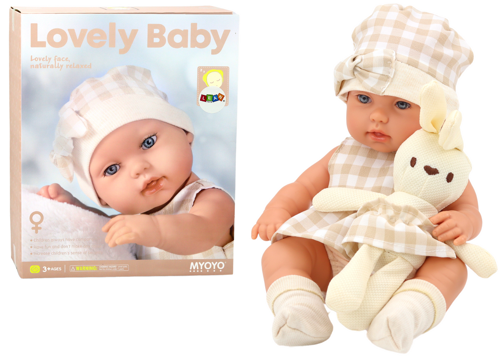 Lutka beba u nosiljci + zeko u kariranoj odjeći 30 cm- bež