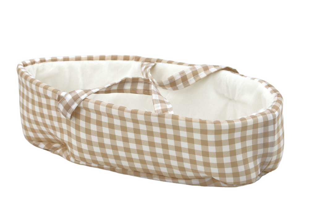 Lutka beba u nosiljci + zeko u kariranoj odjeći 30 cm- bež