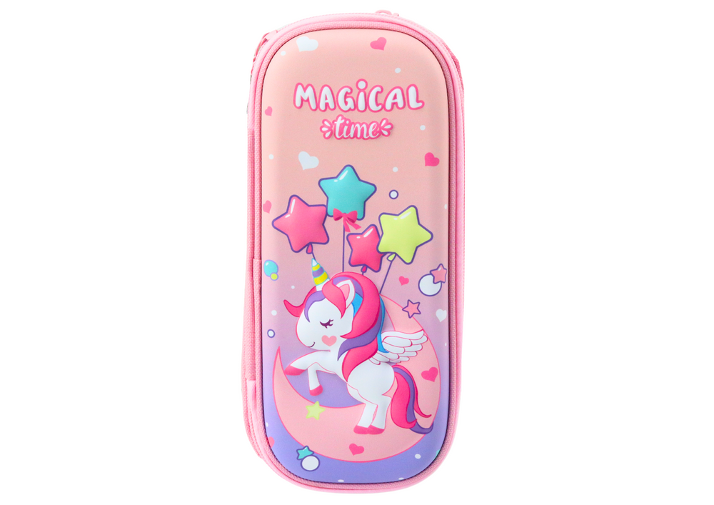 Pink Pencil Case with 3D Unicorn Two-compartment 24 cm x 11 cm x 7 cm