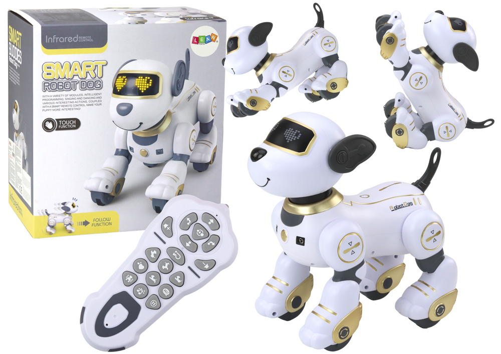 Interaktivni robot pas koji pleše na daljinsko upravljanje slijedi naredbe - bijeli