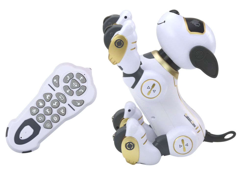 Interaktivni robot pas koji pleše na daljinsko upravljanje slijedi naredbe - bijeli