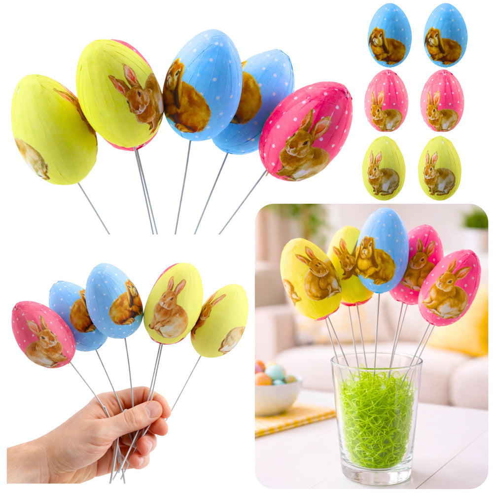 Easter Eggs On A Wire Pick Colorful With Bunnies Decoration 6pcs
