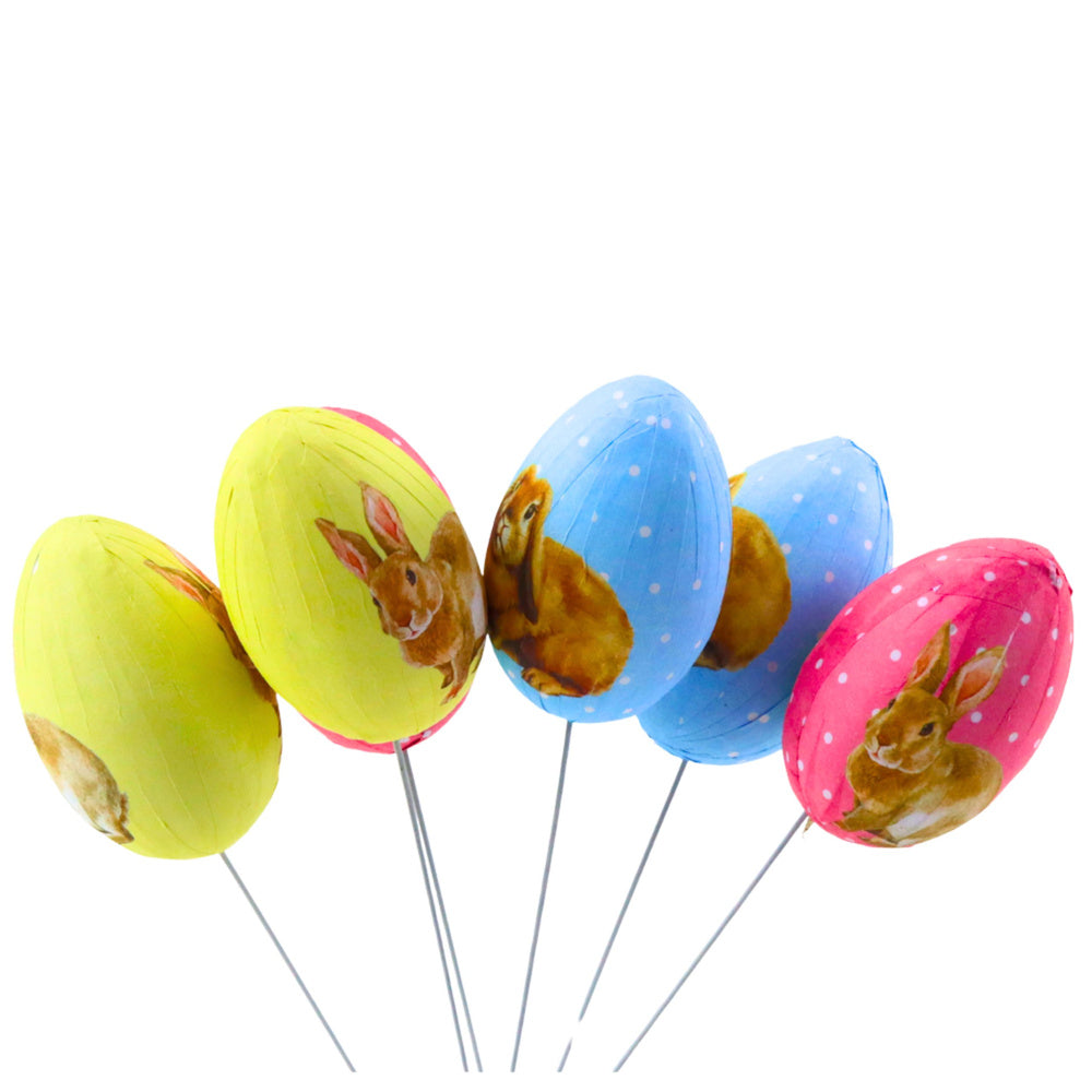 Easter Eggs On A Wire Pick Colorful With Bunnies Decoration 6pcs