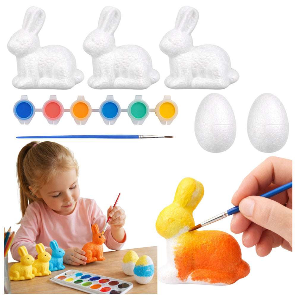 Set for painting styrofoam decorations 3 bunnies 2 eggs paints