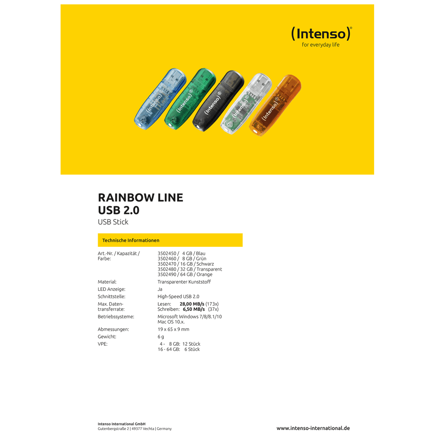 (Intenso) USB Flash drive 64GB Hi-Speed USB 2.0, Rainbow Line, ORANGE - USB2.0-64GB/Rainbow
