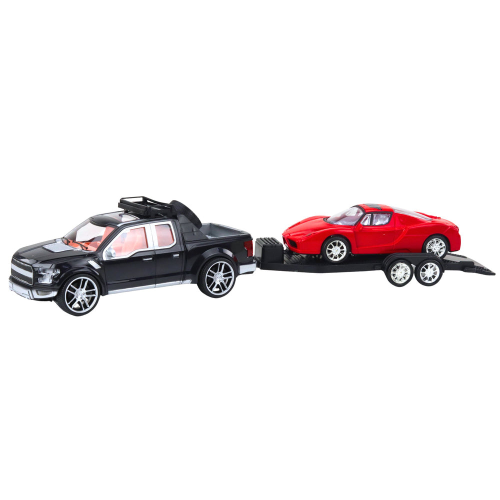 Set terenskog vozila s prikolicom i sportskim automobilom - 59cm - crveno/crni