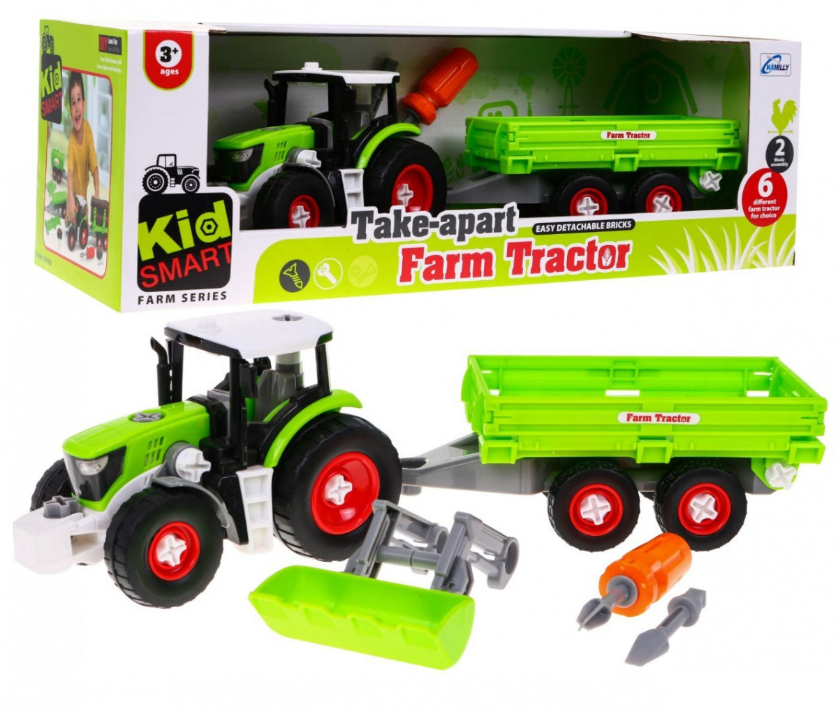 Traktor za sastavljanje za djecu, sa prikolicom i korpom - zeleni