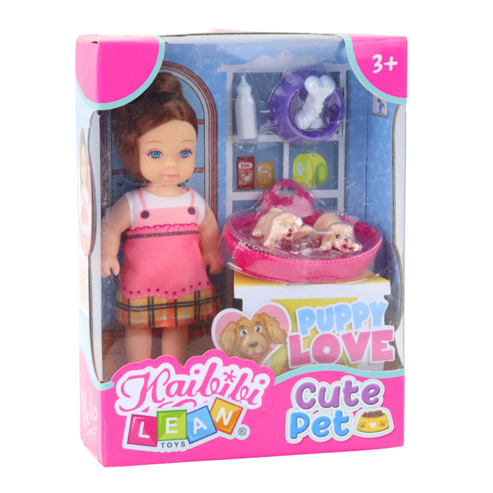 Mini lutka za igru s 2 štenca, krevetom i priborom za hranjenje - 12 cm