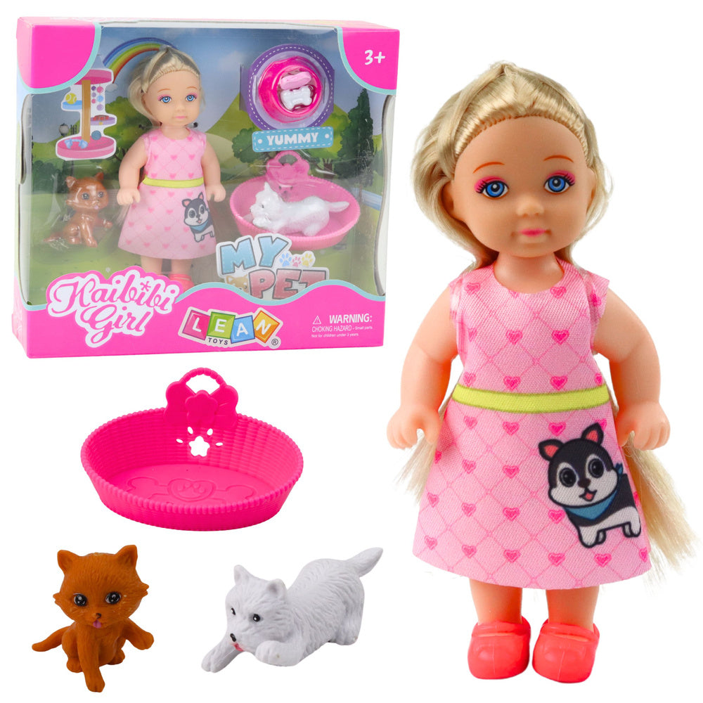 Mini lutka za igru sa psom i mačkicom, te dodacima - 12 cm - roza