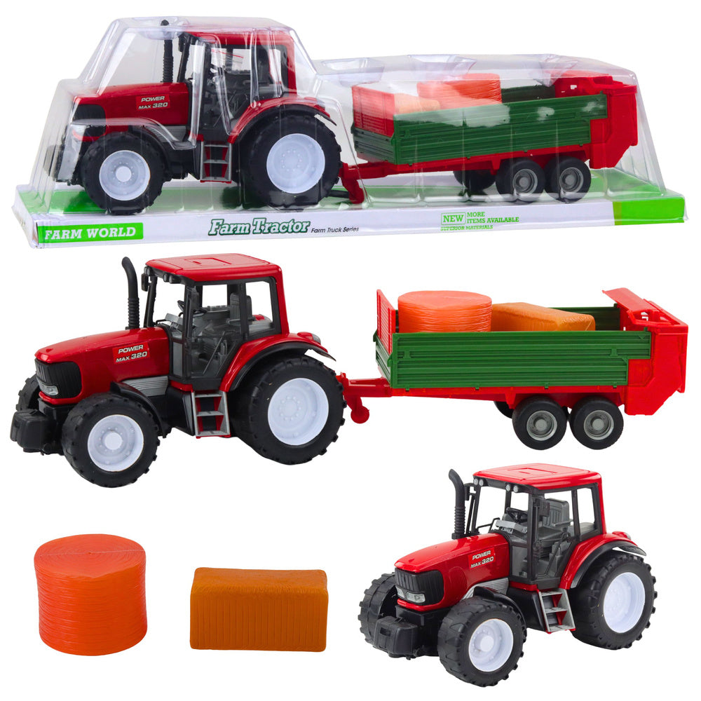 Traktor za igru sa prikolicom i balama 62 cm - crveno/zelena