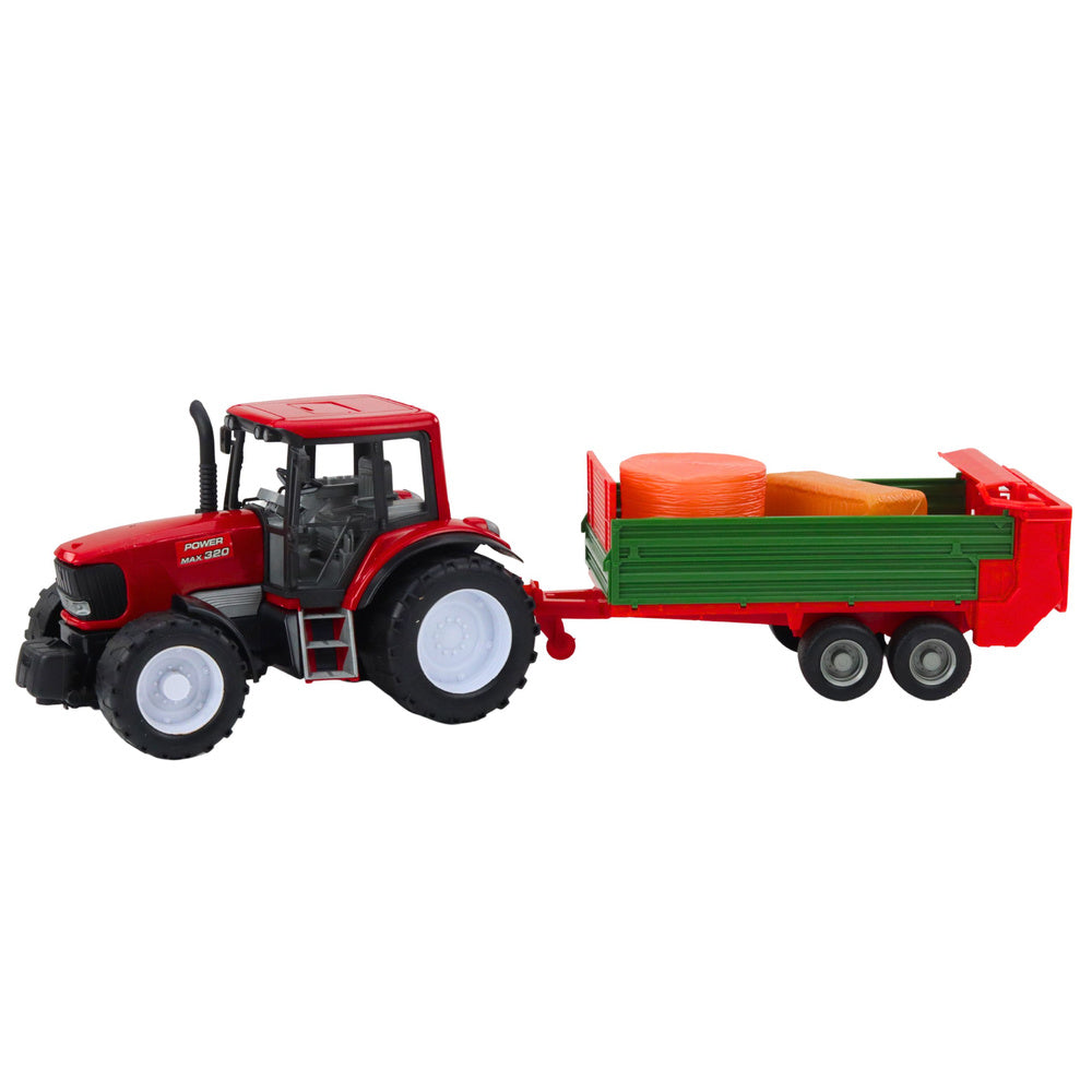 Traktor za igru sa prikolicom i balama 62 cm - crveno/zelena
