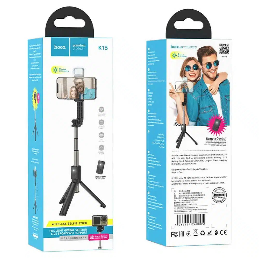 HOCO alumínium selfie bot LED világítással és Bluetooth távirányítóval K15 fekete
