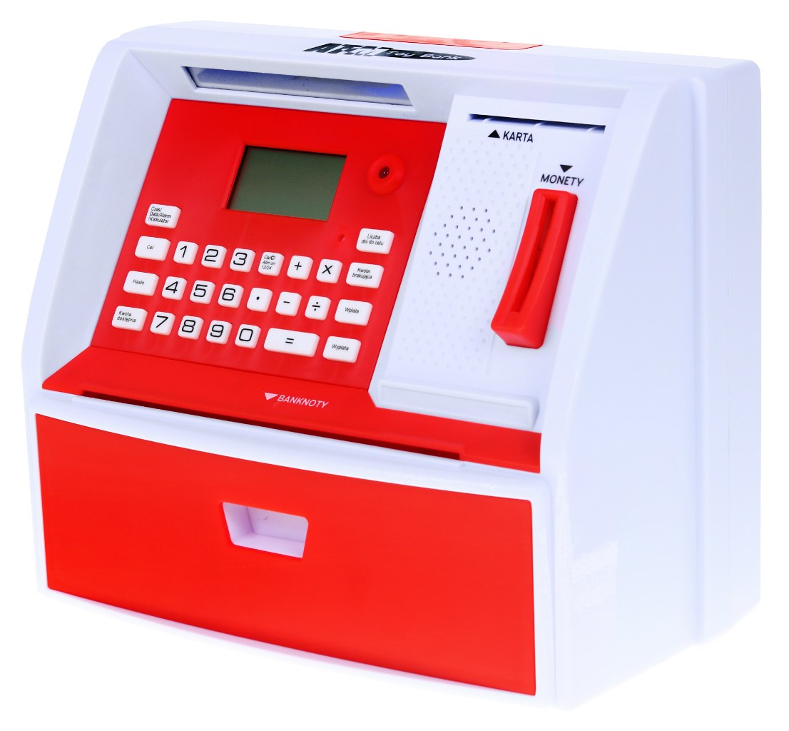 Kasica prasica u obliku bankomata s karticom za bankomat i PIN bravom - crvena