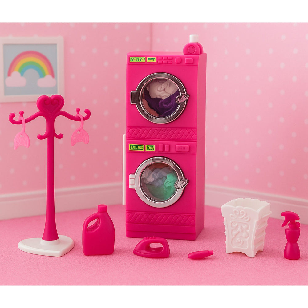 Doll Laundry Set Washing Machine Dryer Hanger Basket Pink