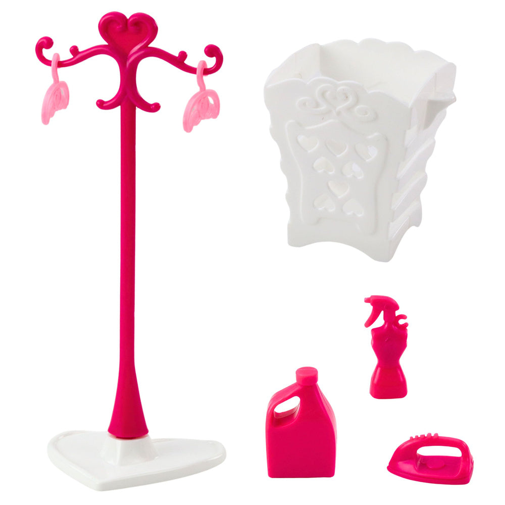 Doll Laundry Set Washing Machine Dryer Hanger Basket Pink