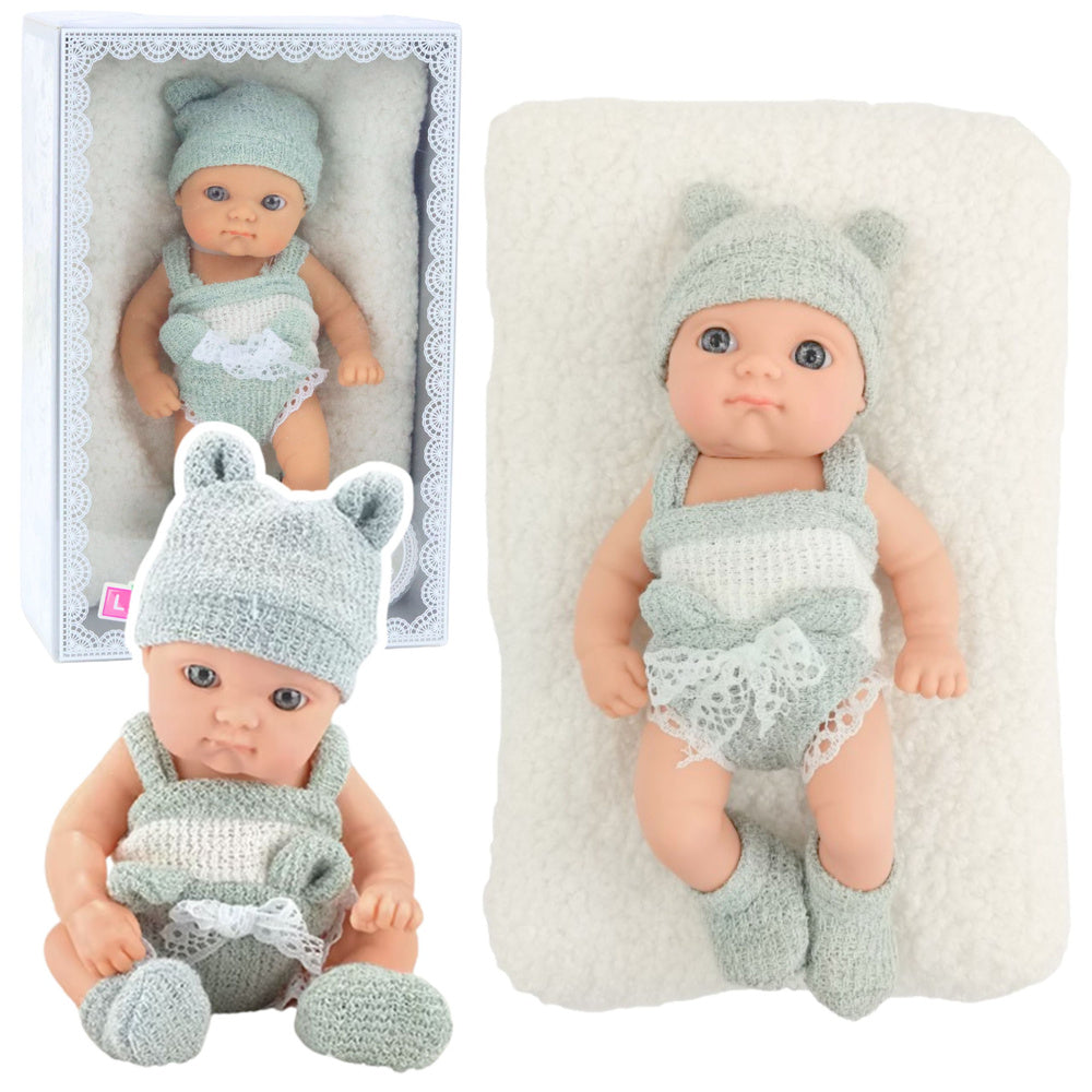 Baby Doll with Blanket, White and Gray Outfit, Hat, 18 cm