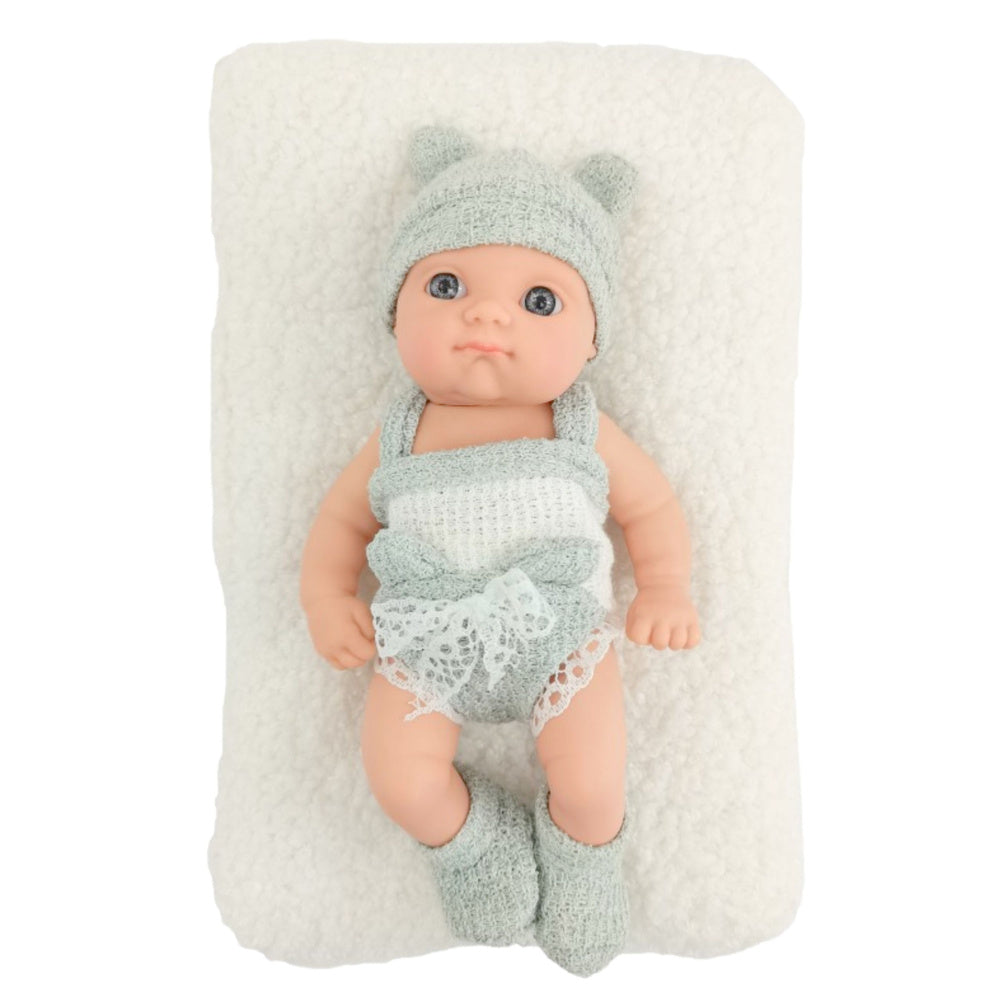 Baby Doll with Blanket, White and Gray Outfit, Hat, 18 cm