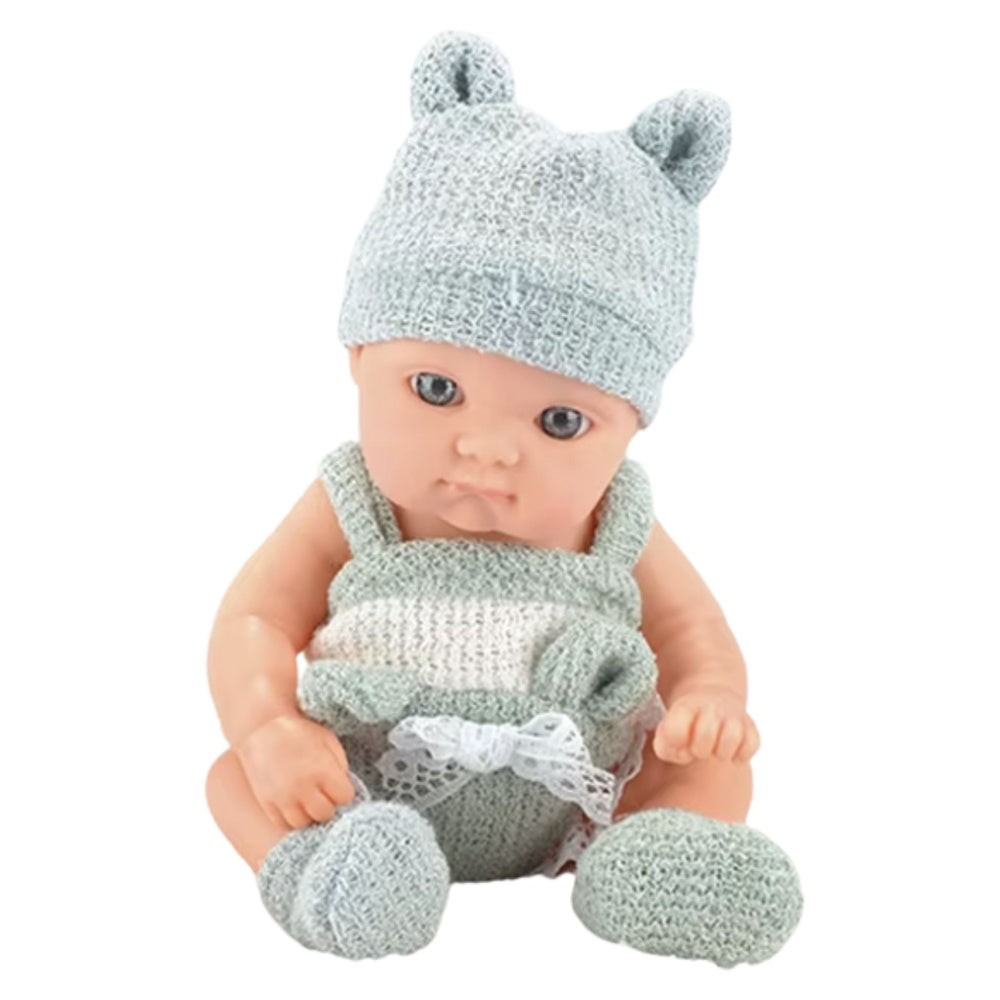 Baby Doll with Blanket, White and Gray Outfit, Hat, 18 cm