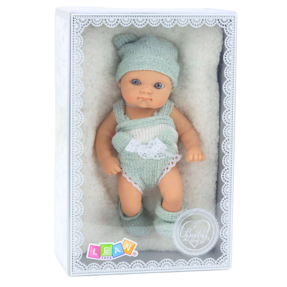 Baby Doll with Blanket, White and Gray Outfit, Hat, 18 cm