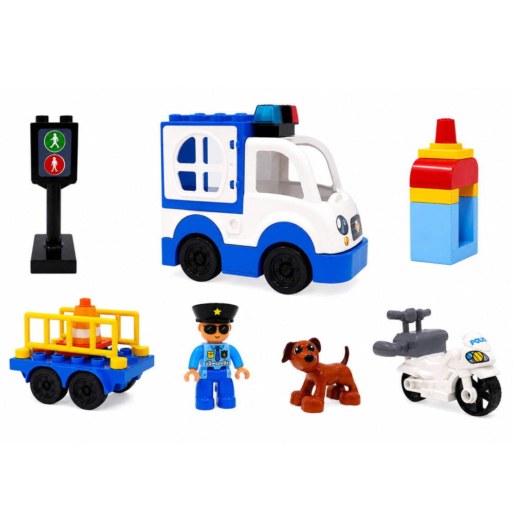 City Police Car Set with Motorized Bricks, Figures, Accessories