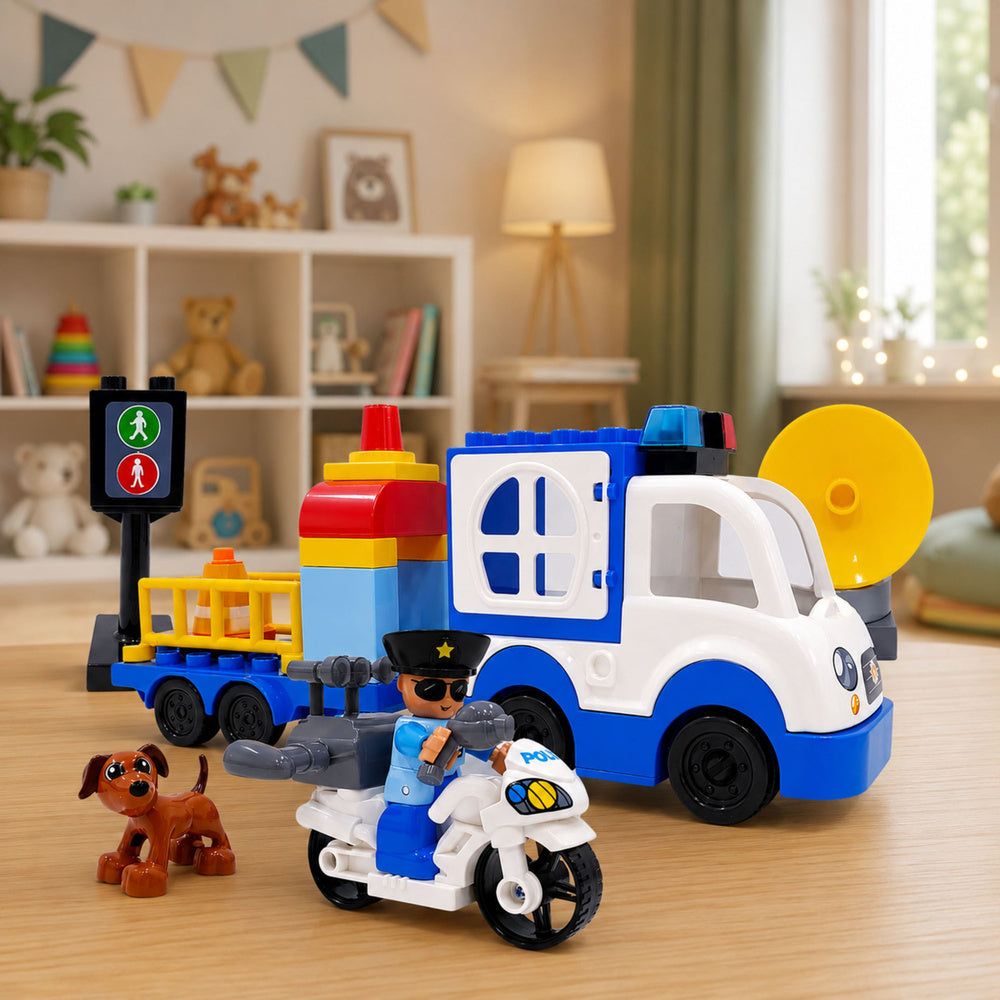 City Police Car Set with Motorized Bricks, Figures, Accessories