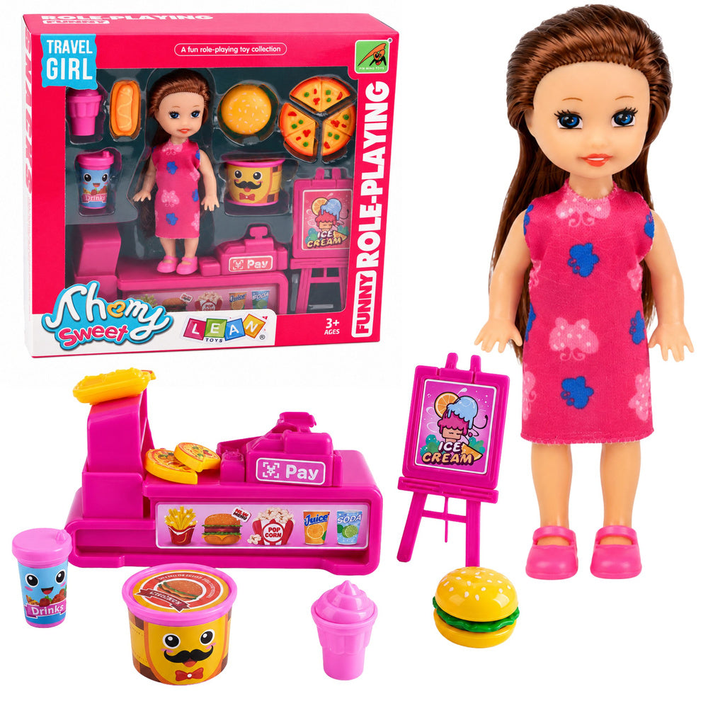 Mini Doll Set with Cash Register, Saleswoman, Hamburger, Ice Cream Accessories