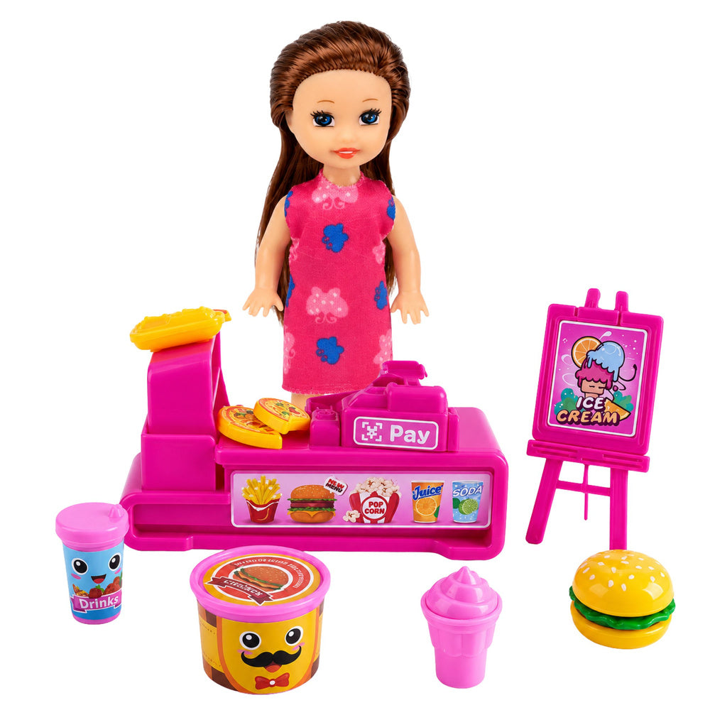 Mini Doll Set with Cash Register, Saleswoman, Hamburger, Ice Cream Accessories