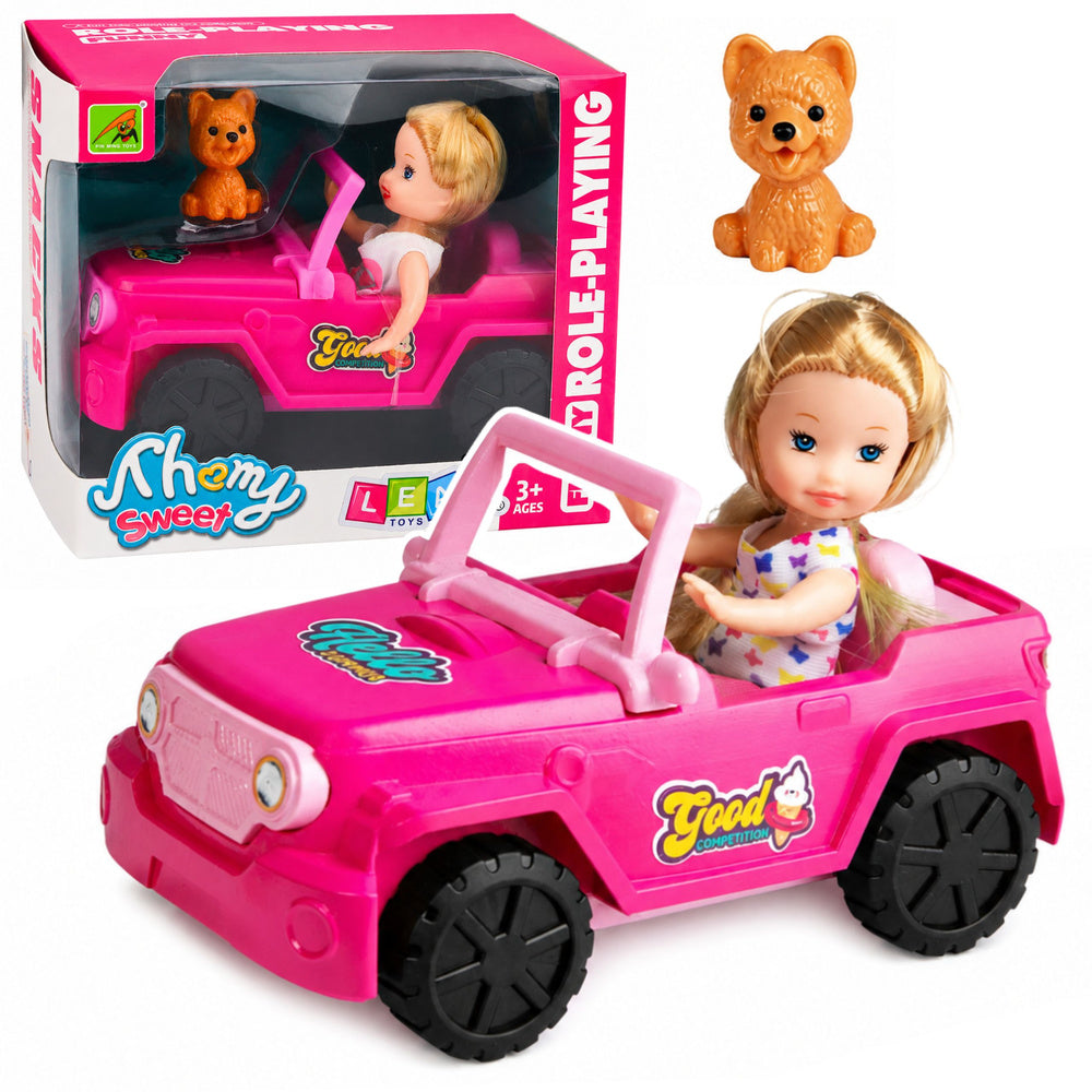 Mini Doll in a Cabriolet Off-Road Vehicle Set with a Dog Figurine