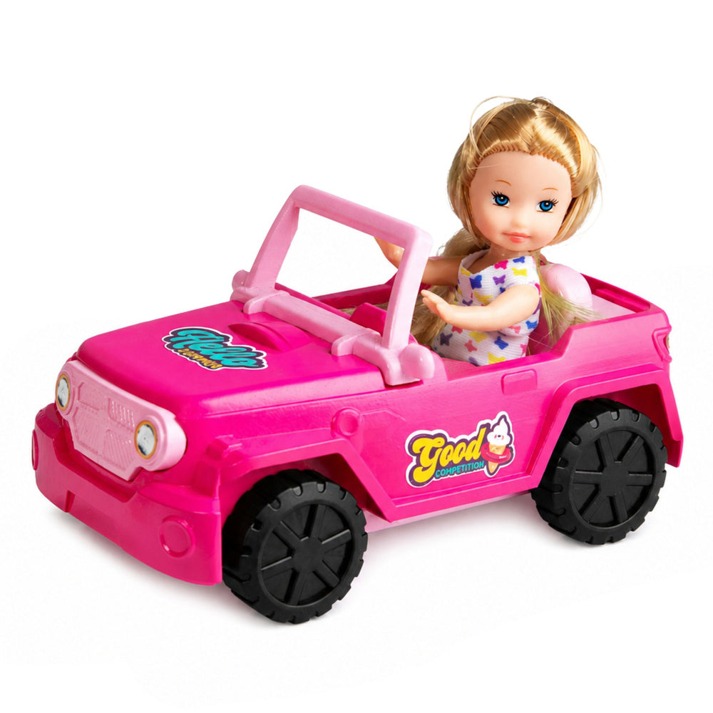 Mini Doll in a Cabriolet Off-Road Vehicle Set with a Dog Figurine