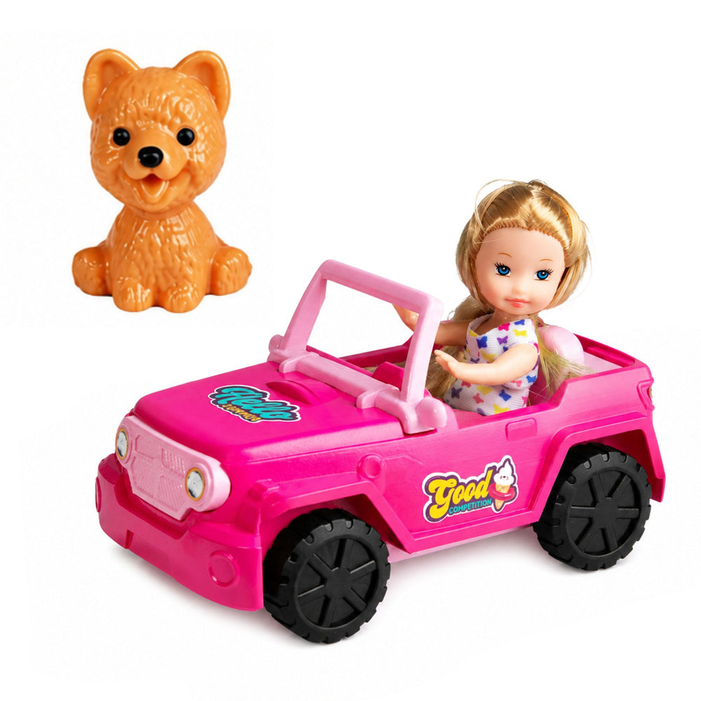 Mini Doll in a Cabriolet Off-Road Vehicle Set with a Dog Figurine