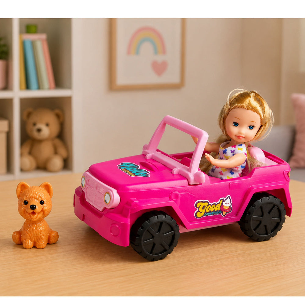 Mini Doll in a Cabriolet Off-Road Vehicle Set with a Dog Figurine