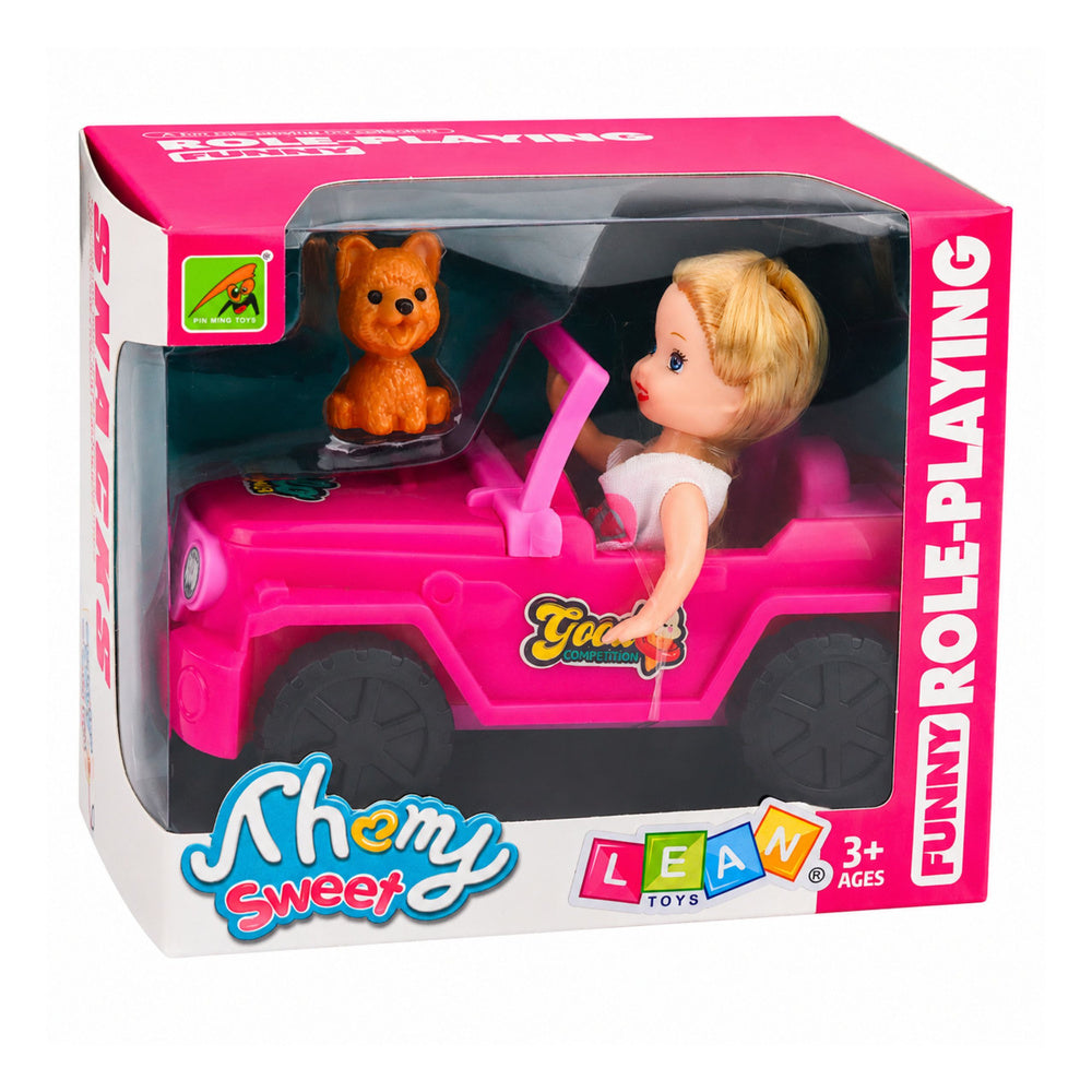 Mini Doll in a Cabriolet Off-Road Vehicle Set with a Dog Figurine