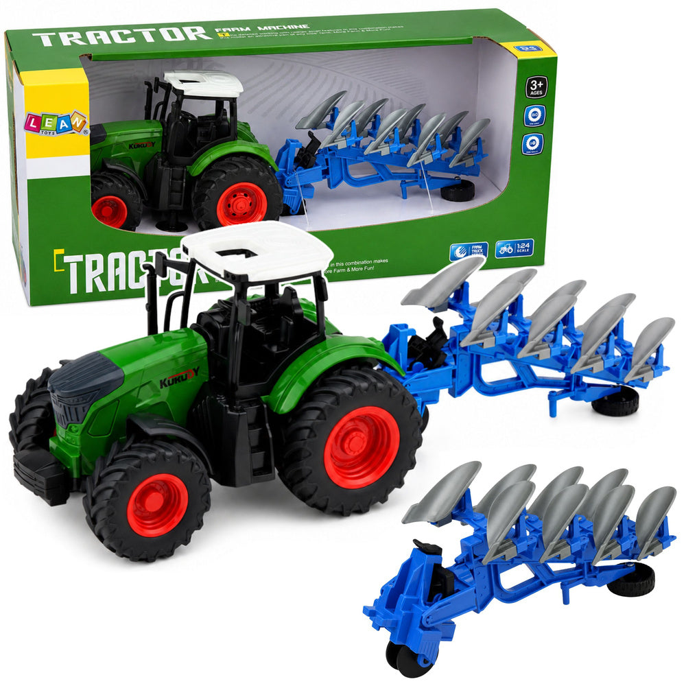 Agricultural Farm Tractor With Double-Furrow Plow Rubber Wheels Green 1:24